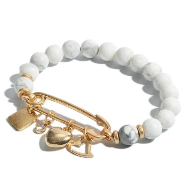 Natural Stone Beaded Safety Pin Hearts Charm Bracelet